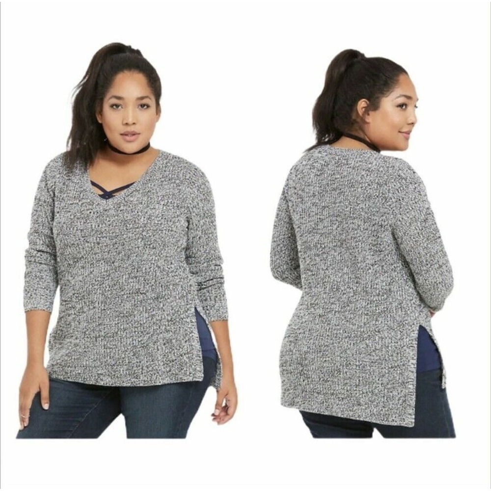 TORRID KNIT V-NECK TUNIC SWEATER HIGH LOW‎ GRAY BLACK W/ Accent Straps SIZE 1 1X
